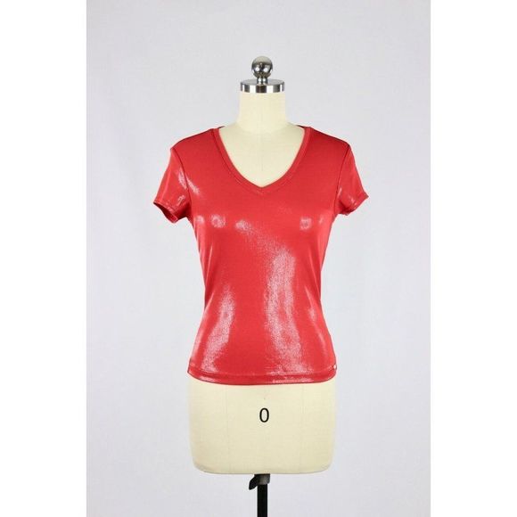 Guess Tops - Vintage 2000's Y2K GUESS Red Liquid Shine Jersey V-Neck T-Shirt Top, Size M